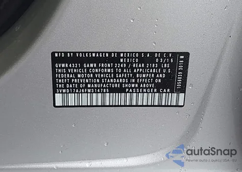 2015 Volkswagen Jetta 1.8T Se из США, поврежденный, VIN 3VWD17AJ6FM314785